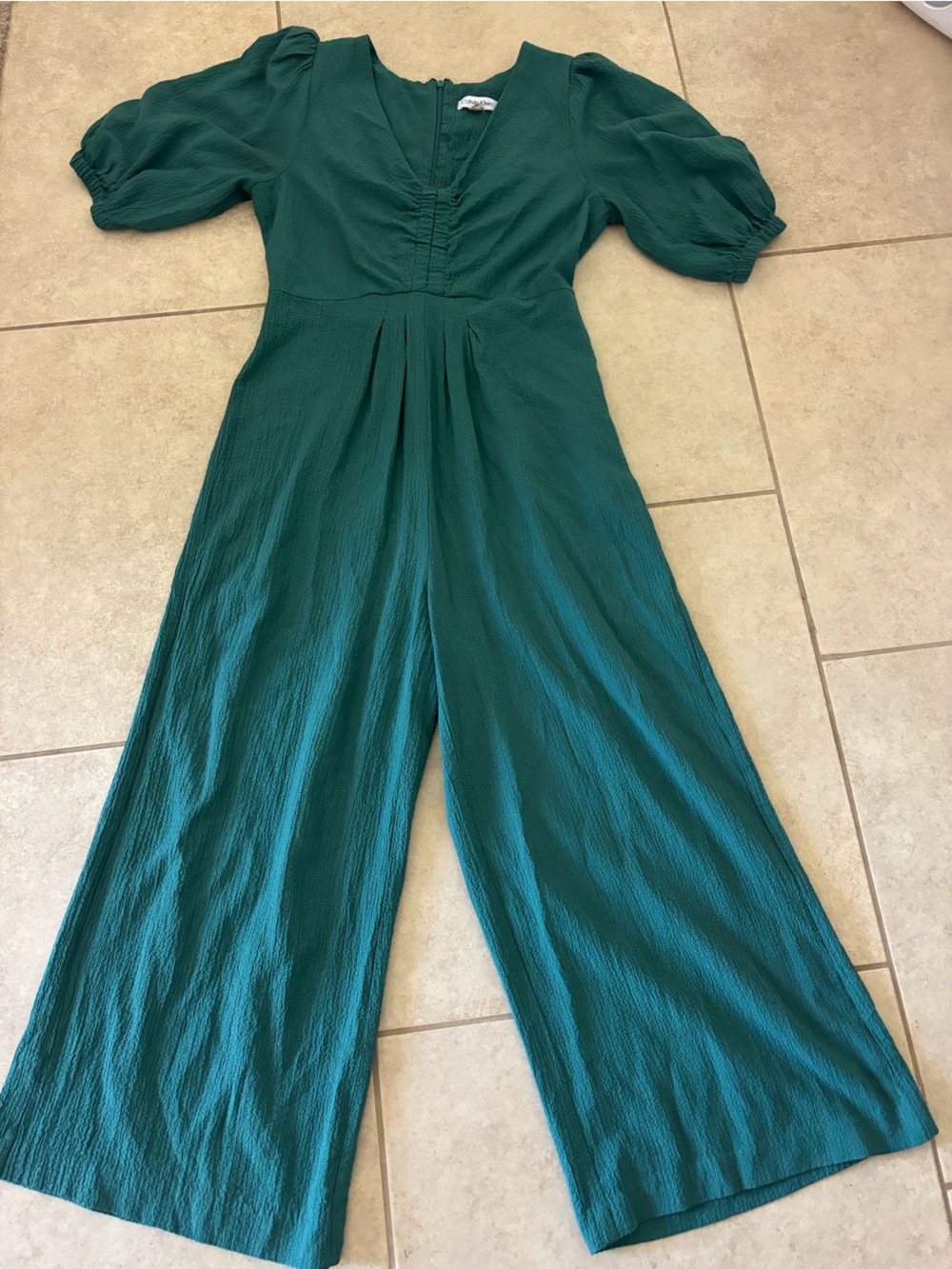 Calvin Klein Emerald Green Wide-Leg Jumpsuit with Puff Sleeves